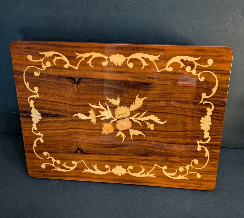 Vintage Italian Inlaid Wood Marquetry Jewelry Music Box Plays Torna a Surriento
